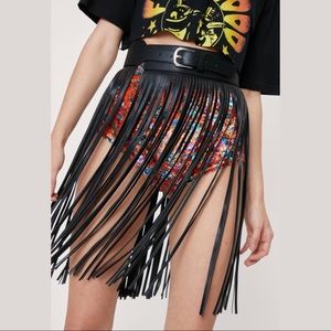 nwt coachella ready faux leather fringe skirt belt